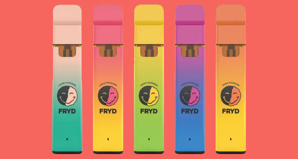 colorful disposable vape devices in various shades with FRYD branding 6 flavors available