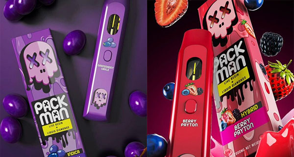 two colorful vape cartridges featuring berry and grape flavors with a dark background