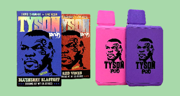 packaging of Tyson cannabis products featuring Blueberry Blastoff and Red Vines varieties with vibrant colors and images related to 8 different strains