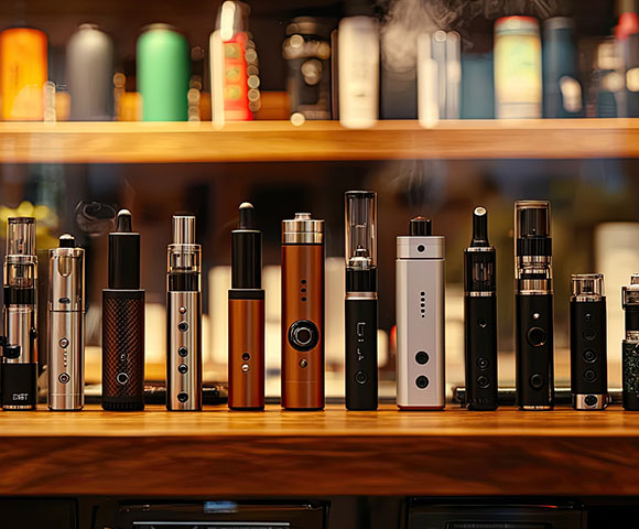 variety of vaping devices displayed on a wooden shelf showcasing modern design and technology with the number three highlighted in vapor products