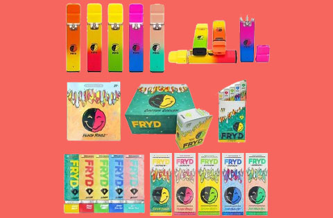 assorted vape devices and packaging in vibrant colors including seven flavors and brands displayed on a red background