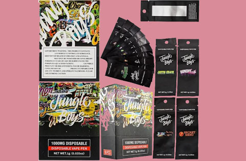 colorful packaging of Jungle Boys disposable vape products including various flavors and information on usage and ingredients showcasing six distinct varieties