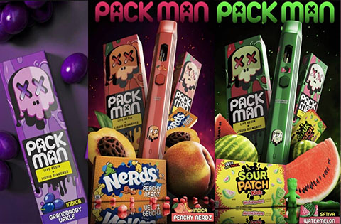 vape products from Pack Man featuring various flavors including grape and watermelon with colorful packaging and fruit imagery highlighting the brand's eight unique options