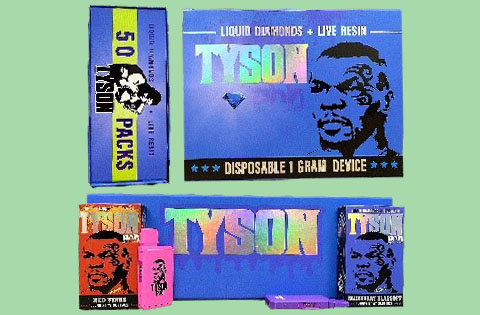 various Tyson cannabis products including 50 packs of live resin and disposable devices showcasing colorful packaging and branding with a diamond motif highlighting the number six for exclusive deals