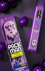 Pack Man vape pen with grape flavor and purple packaging against a backdrop of purple candies two flavors two options