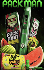 green Pack Man product display with watermelon and Sour Patch candies featuring a vibrant design and bold colors for a fun experience