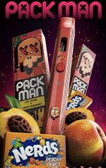 variety of colorful Pack Man products including a vape device and candy boxes featuring Nerds and fruity flavors