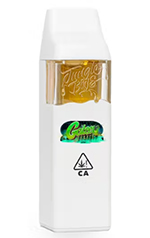 vape pen device with gold liquid cannabis oil showcasing five flavors in California