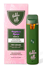 disposable vape device with pink packaging and purple flavor label featuring hidden hills brand two grams of indica cannabis