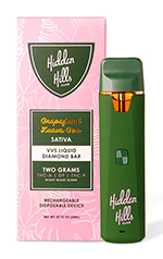 product packaging for Hidden Hills cannabis vape featuring a green device and pink box with grapefruit flavor label showcasing sativa strain and two grams of content