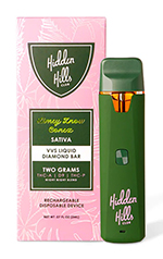 vape pen and packaging with sativa strain for recreational use featuring hidden hills brand display and product description for flavorful experience 4 strain types